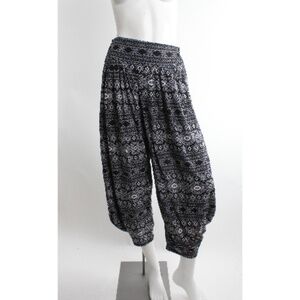 Graphic Print Harem Pants Yoke Bohemian Boho Gauzy Pockets Ankle Cropped OS